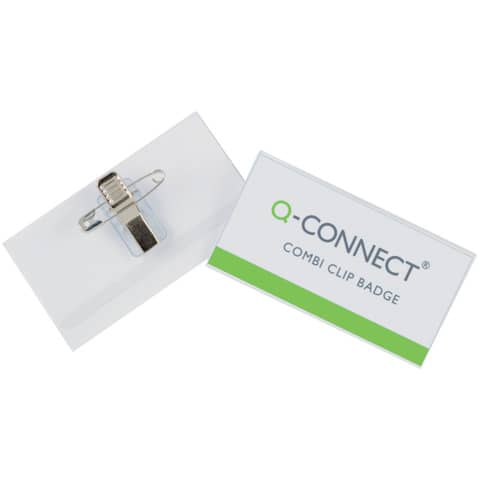 Q-Connect plastic badge holder with clip and pin 75x40 mm