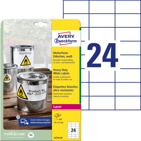 Etichette permanenti poliestere bianche Avery 70x37 mm - 24 et/foglio -