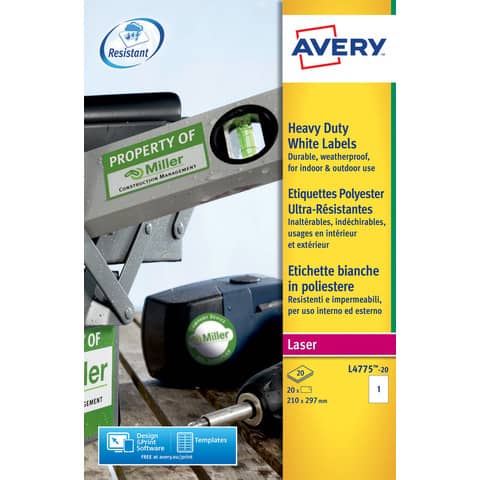 Etichette permanenti poliestere bianche Avery 210x297 mm - 1 et/foglio -