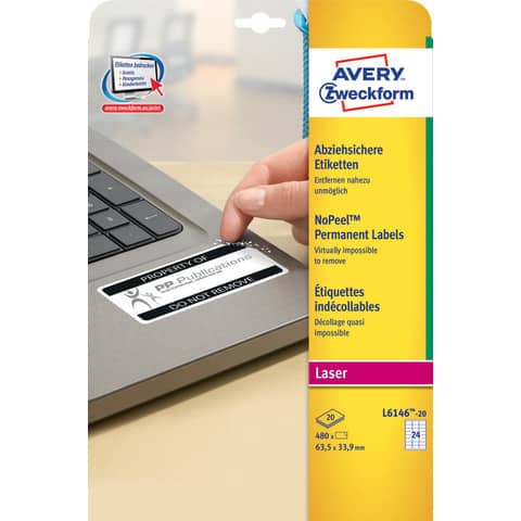 Avery non-removable tamper-evident white labels - 63.5x33.9 mm - 24
