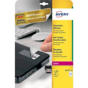 Etichette bianche antimanomissione Avery Ø 40 mm - 24 et/foglio - per stampanti
