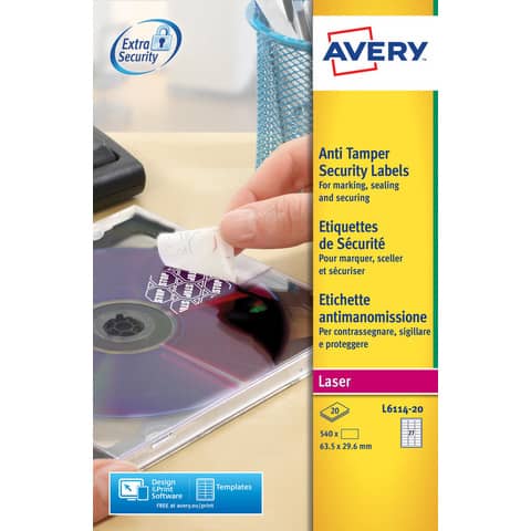 Etichette bianche antimanomissione Avery 63,5x29,6 mm - 27 et/foglio - per