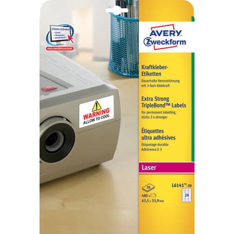 Avery polyester super-sticky white labels 63.5x33.9 mm - 24 e/sheet -