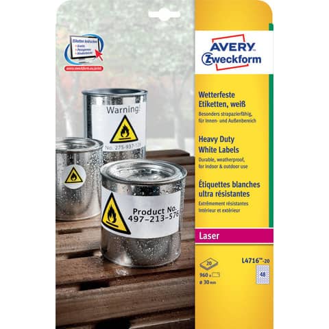 White polyester permanent labels Avery Ø 30 mm - 48 e/sheet -