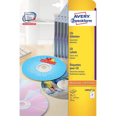 AVERY CD Labels wide hole opaque finish - Ø 117 mm - 2 et/sheet -