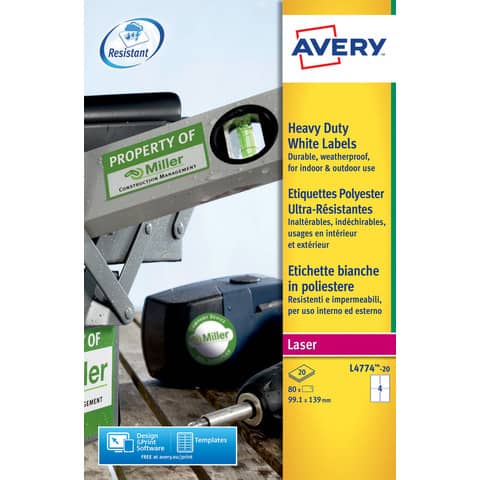 Etichette permanenti poliestere bianche Avery 99,1x139 mm - 4 et/foglio -