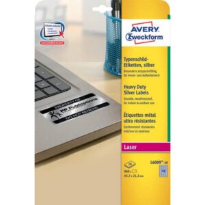 Etichette permanenti poliestere argento Avery 45,7x21,2 mm - 48 et/foglio -