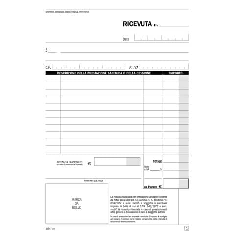 Blocco ricevute sanitarie registro degli onorari Data Ufficio 21,5x14,8 cm 50x2