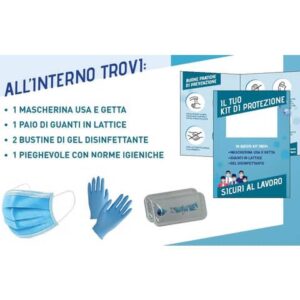 Kit dispositivi di protezione con mascherina + guanti + 2 bustine gel +