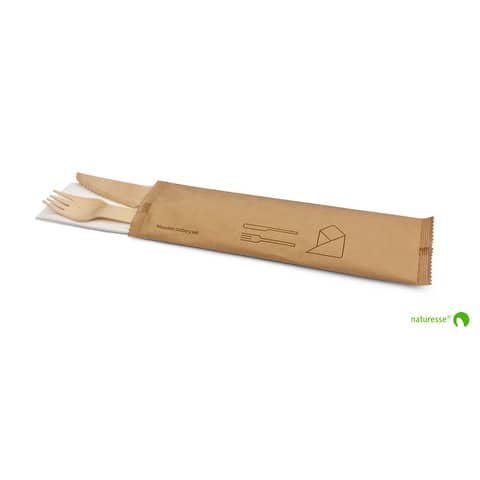 Set posate in legno monouso Scatolificio del Garda forchetta-coltello-tovagliolo