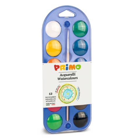 Watercolours Ø 30 mm Primo - box of 12+1 brush - with palette cover