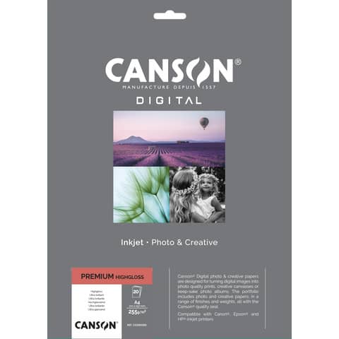 Premium White Photo Paper 20 sheets - 255 gsm HighGloss RC Canson A4