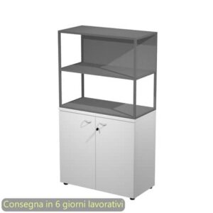 Armadio basso bianco ante bianche con libreria metallica antracite - ripiani