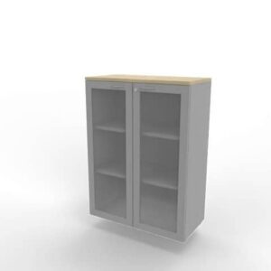 Armadio medio ante vetro telaio MDF, top faggio scocca argento 90x45xH.123,2 cm