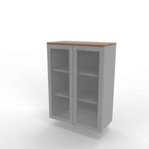 Armadio medio ante vetro telaio MDF, top noce canaletto scocca argento