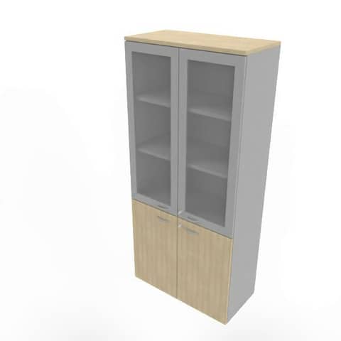 Armadio alto con ante basse rovere e alte in vetro telaio MDF scocca argento