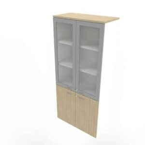 Armadio alto con ante basse rovere e alte in vetro telaio MDF scocca bianca