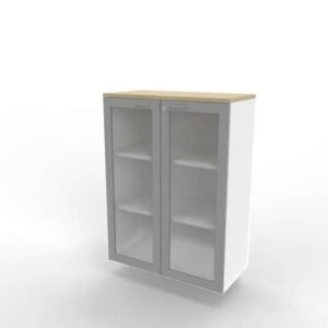 Armadio medio ante vetro telaio MDF, top rovere scocca bianca 90x45xH.123,2 cm