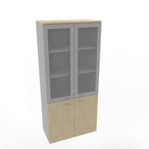 Armadio alto con ante basse rovere e alte in vetro telaio MDF scocca trama