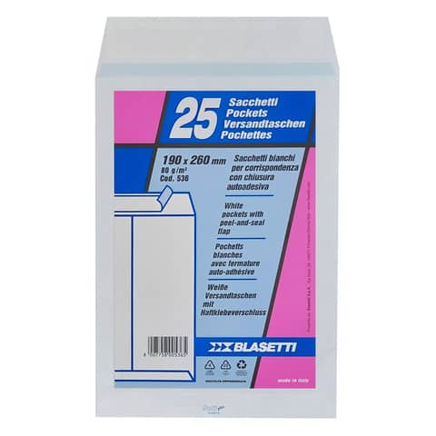 Busta a sacco Blasetti Self bianco - 80 g/m2 - in conf. 25 buste - 190x260 mm