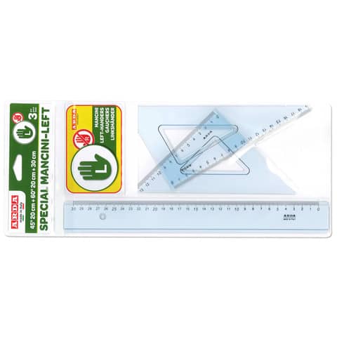 Set disegno 3 pezzi per mancini Arda 2 squadre 45°e 60° + 1 righello 30 cm