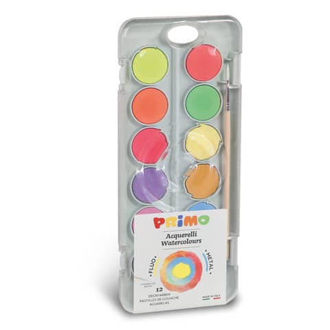 Special watercolours Primo Ø 30 mm in pack of 12 fluorescent and metallic colours