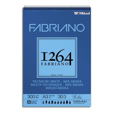 Blocco spiralato tecniche miste Fabriano 1264 - 300 g A3 - 30 fogli -