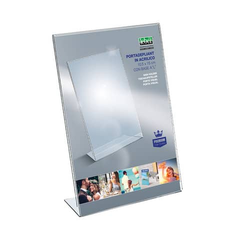 Portadepliant in acrilico con base a L Lebez formato 10x15 cm - verticale -