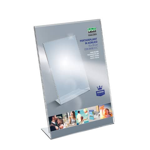 Portadepliant in acrilico con base a L Lebez formato 15x20 cm - verticale -