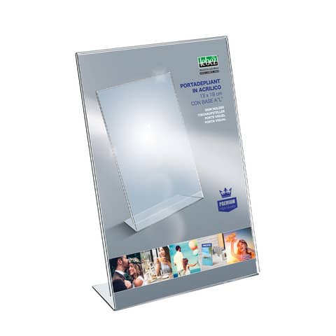 Portadepliant in acrilico con base a L Lebez formato 13x18 cm - verticale -